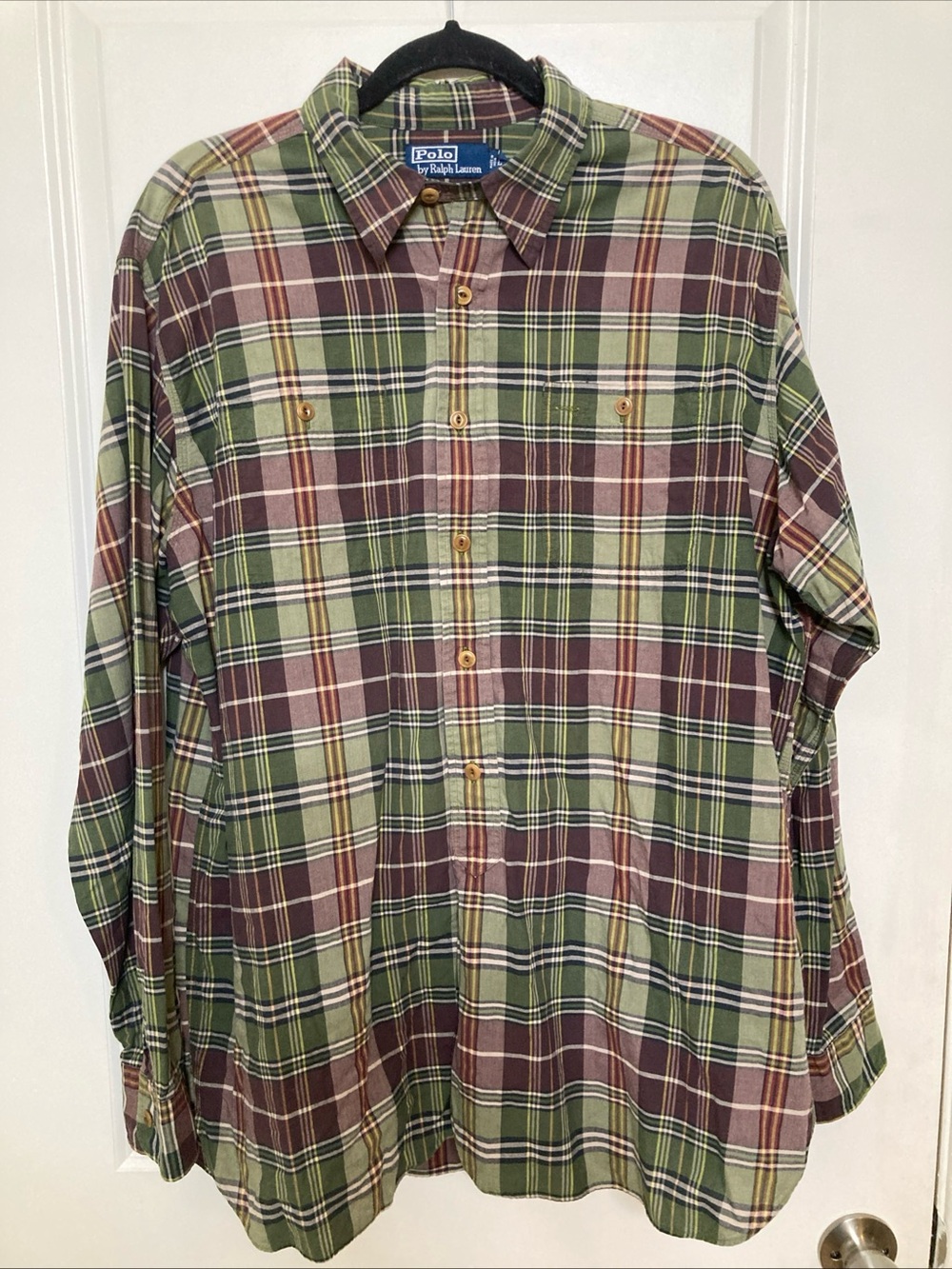Vintage Polo Ralph Lauren Green Burgundy Plaid Button-Up Relaxed Fit Size L